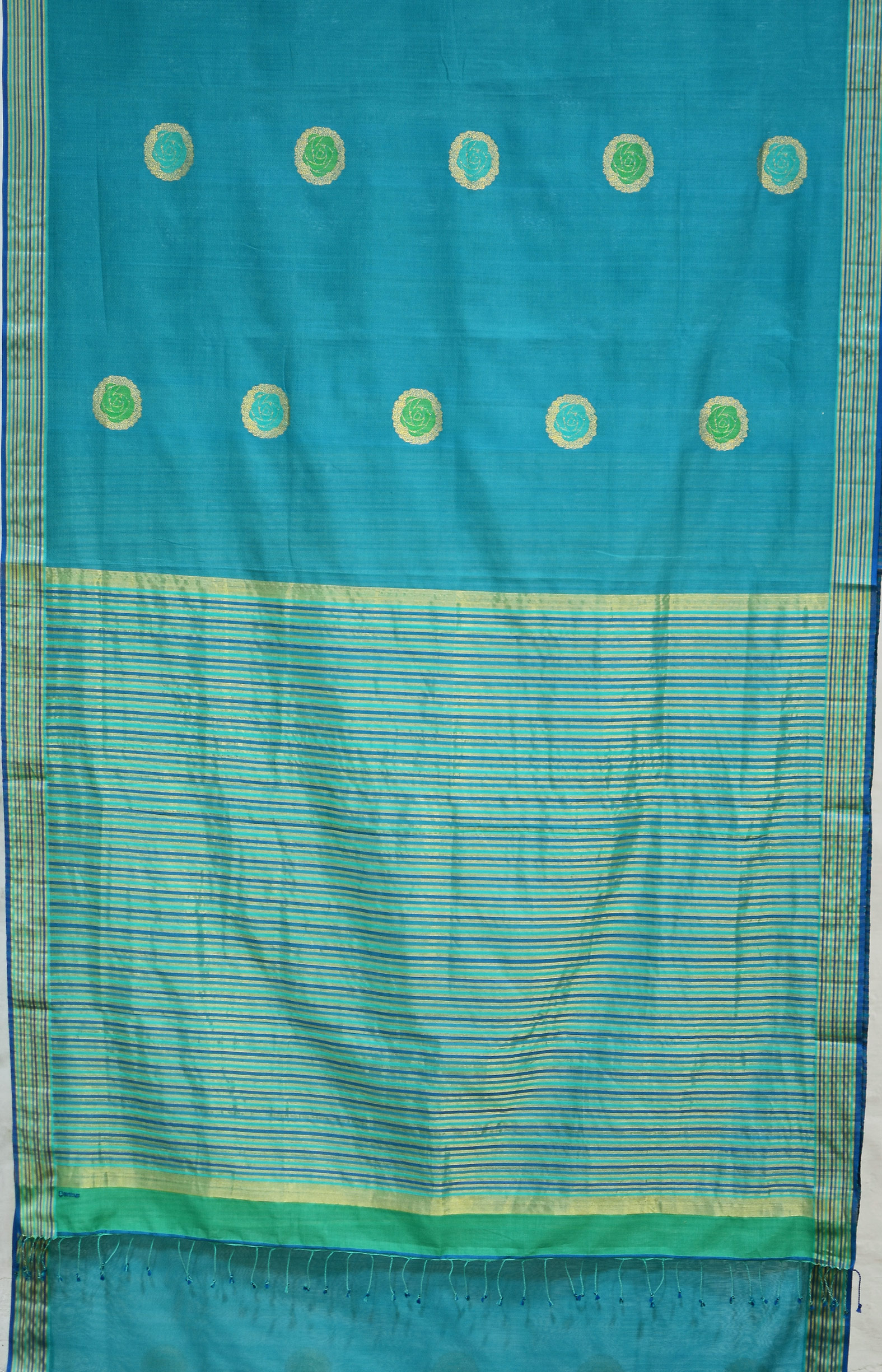 Bluish Green, Handwoven Organic Cotton, Textured Weave , Jacquard, Festive Wear, Jari, Butta Saree